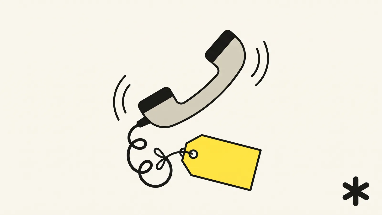 A ringing telephone handset with a blank yellow name tag tied to its cord