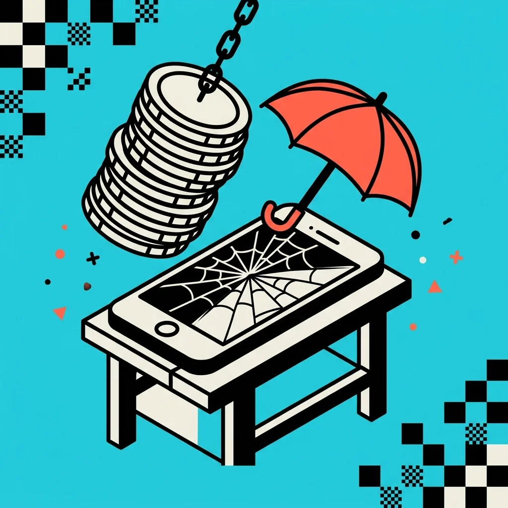 A smartphone with a spiderweb-cracked screen on a workbench, a huge stack of coins swinging on a chain above it, and a small coral umbrella held over the phone