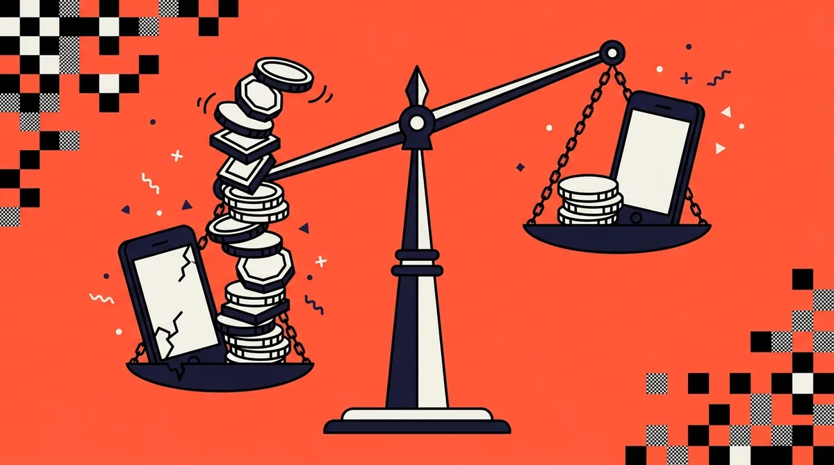A balance scale tipped by a tall, wobbling stack of coins beside a cracked phone on one side, against a small neat stack of coins beside an intact phone on the other