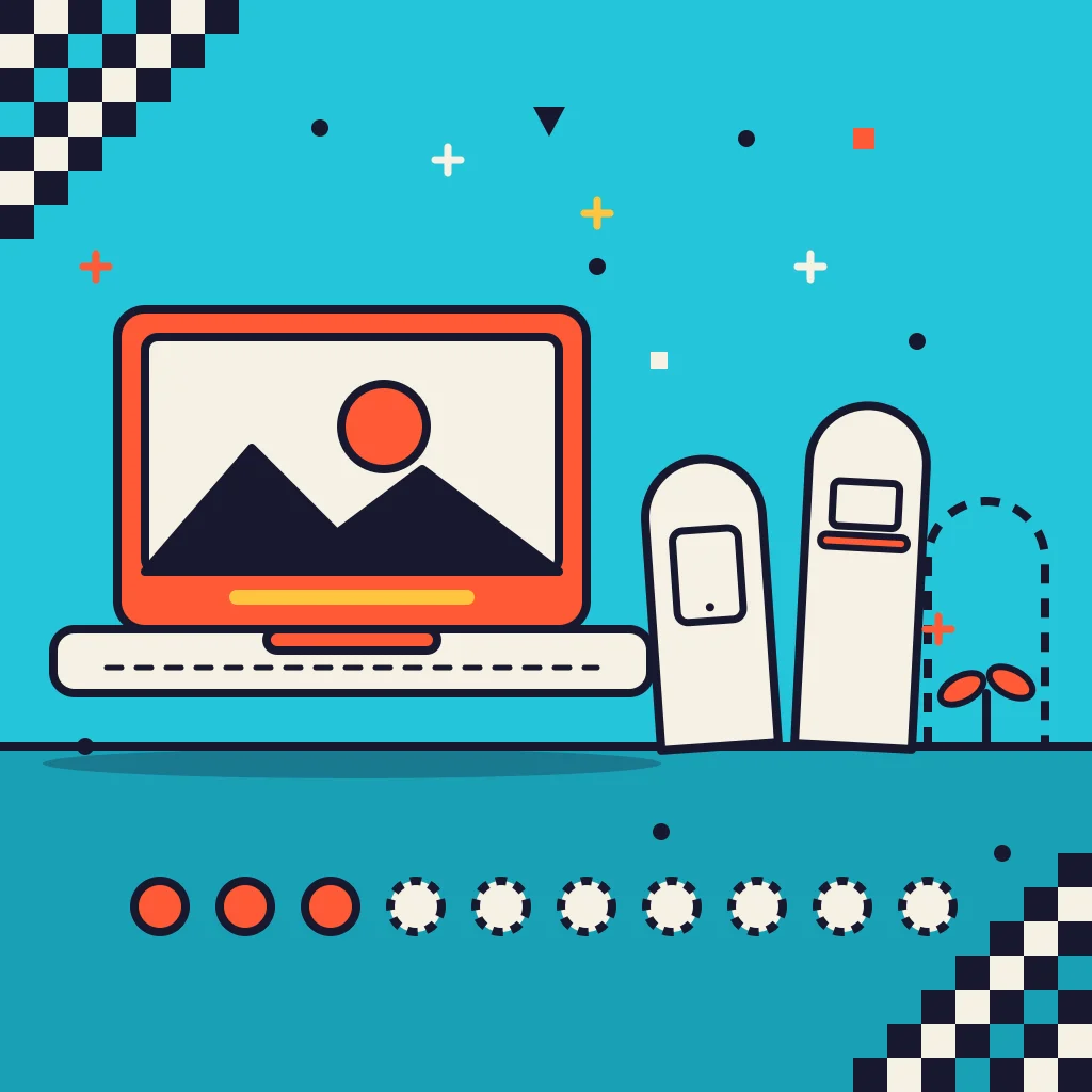 A coral laptop next to two tombstones carved with a tablet and a laptop, an empty dashed plot with a sprout, and a row of ten dots with three filled in