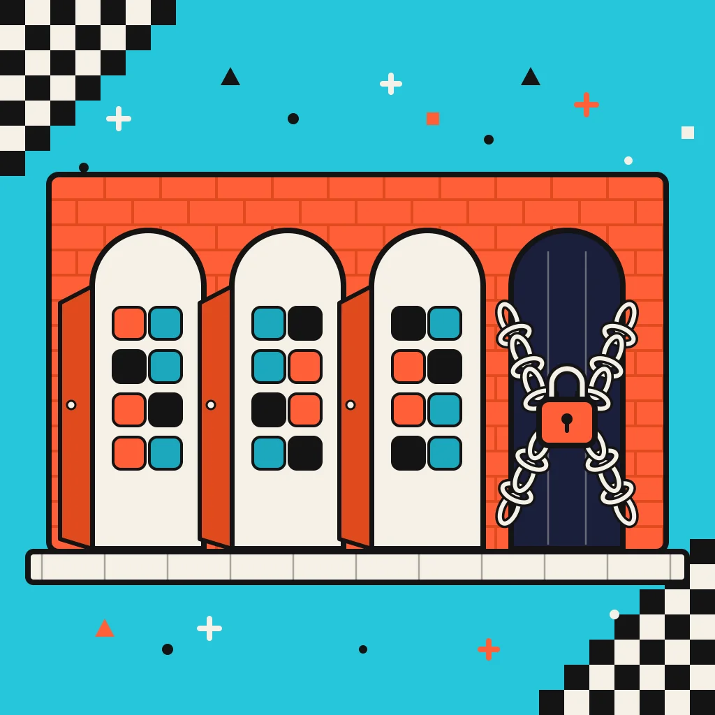 Four arched doorways in a brick wall, three standing open with light and app tiles inside and one shut behind a chain and padlock
