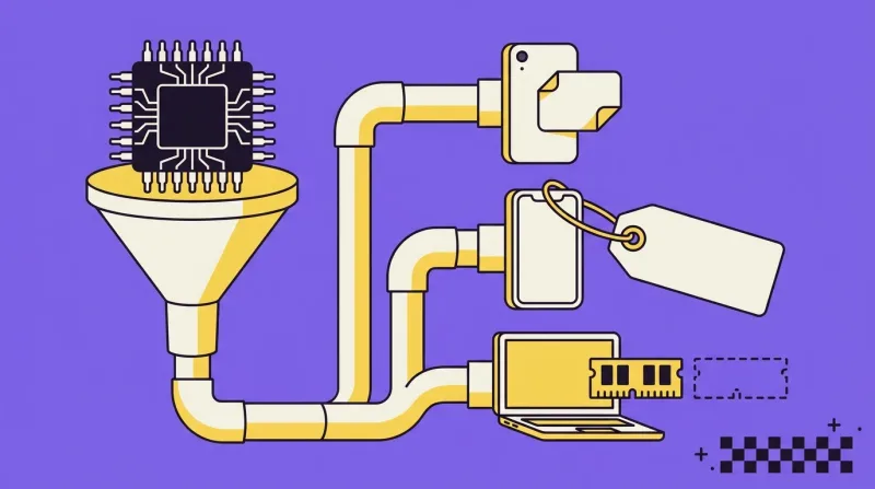 A memory chip drops into a funnel that splits into three pipes: one ends at a phone with a price sticker peeling off, one at a phone with an oversized price tag, one at a laptop beside a memory stick shorter than the dashed outline of the old one