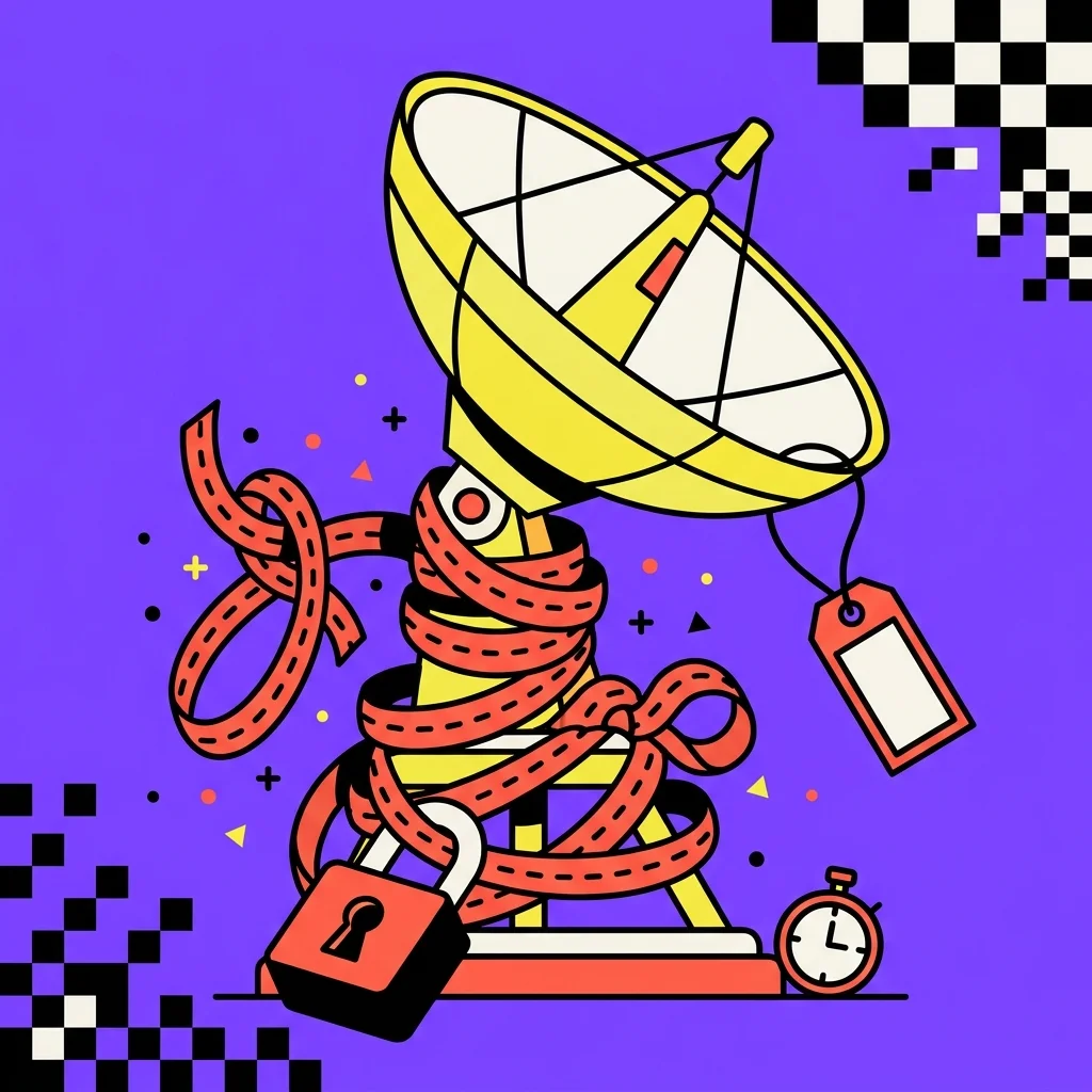 A yellow satellite dish wrapped in coral red tape and clamped by a big padlock, with a blank price tag hanging from it and a small stopwatch on the ground beside it