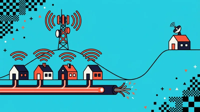 A row of connected houses along a fibre cable and under a cell tower, with the cable cut off short of a lone hilltop house that has only a satellite dish on its roof