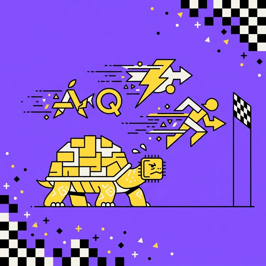 A tortoise with a computer-chip shell being outrun to a checkered finish line by faster runners, representing the Tensor chip trailing rival phone chips on speed