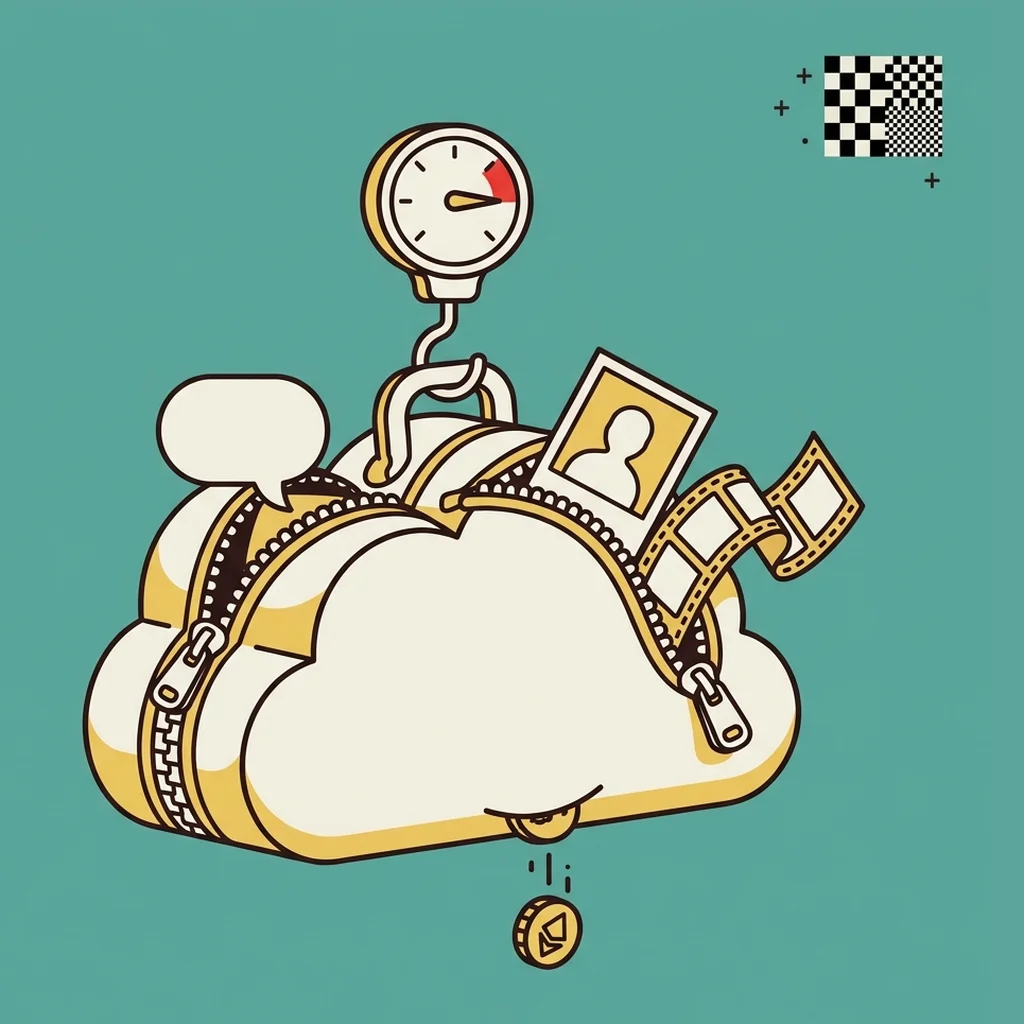 A cloud-shaped suitcase with its zip straining, a chat bubble, a photo frame and a film strip poking out, a luggage scale with its needle in the red hooked on the handle, and one coin dropping from the bottom