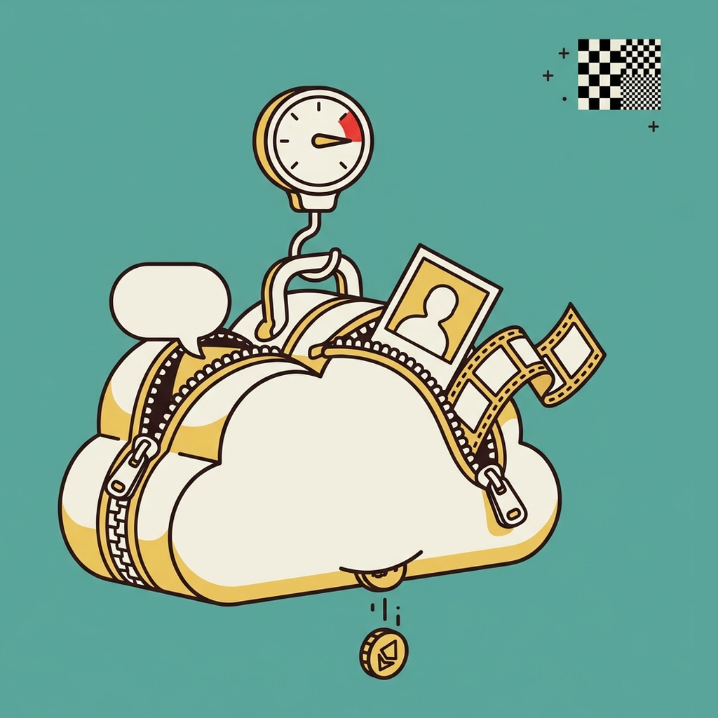 A cloud-shaped suitcase with its zip straining, a chat bubble, a photo frame and a film strip poking out, a luggage scale with its needle in the red hooked on the handle, and one coin dropping from the bottom