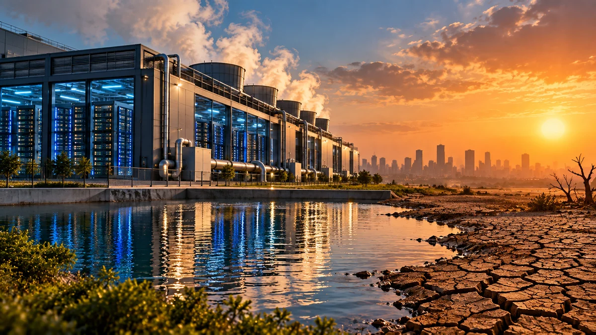 A lit data center beside a calm reservoir at sunset, with cracked, dry ground in the foreground and a city skyline behind