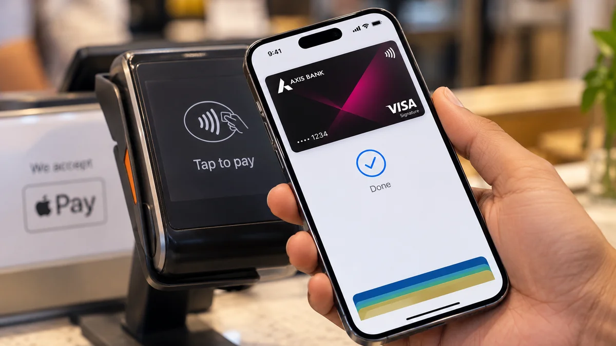 A hand holding an iPhone at a card terminal, showing Apple Pay with an Axis Bank Visa card and a Done check mark