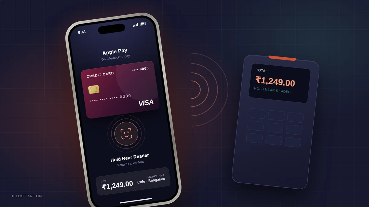 Illustration of an iPhone showing Apple Pay with a credit card and a Face ID prompt, held near a card terminal showing a rupee total