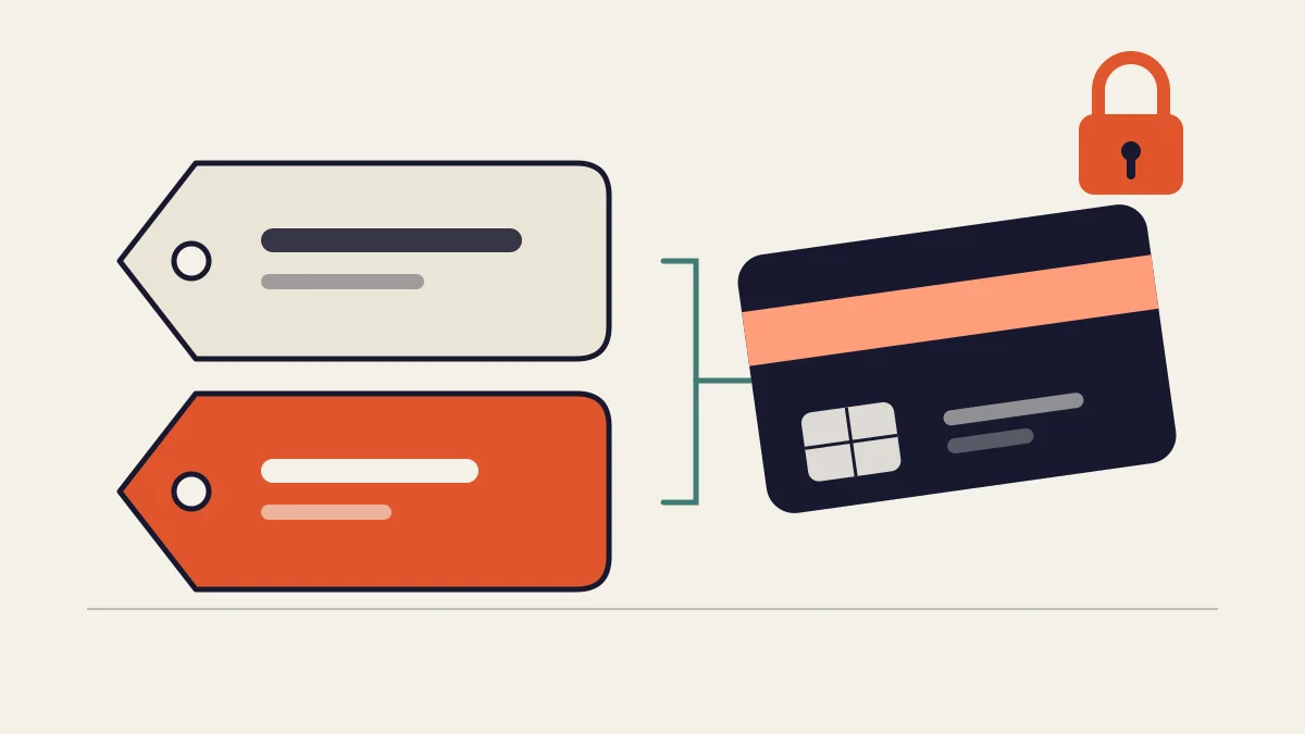 Two price tags, one beige and one orange, with a green bracket between them pointing to a payment card with a padlock above it