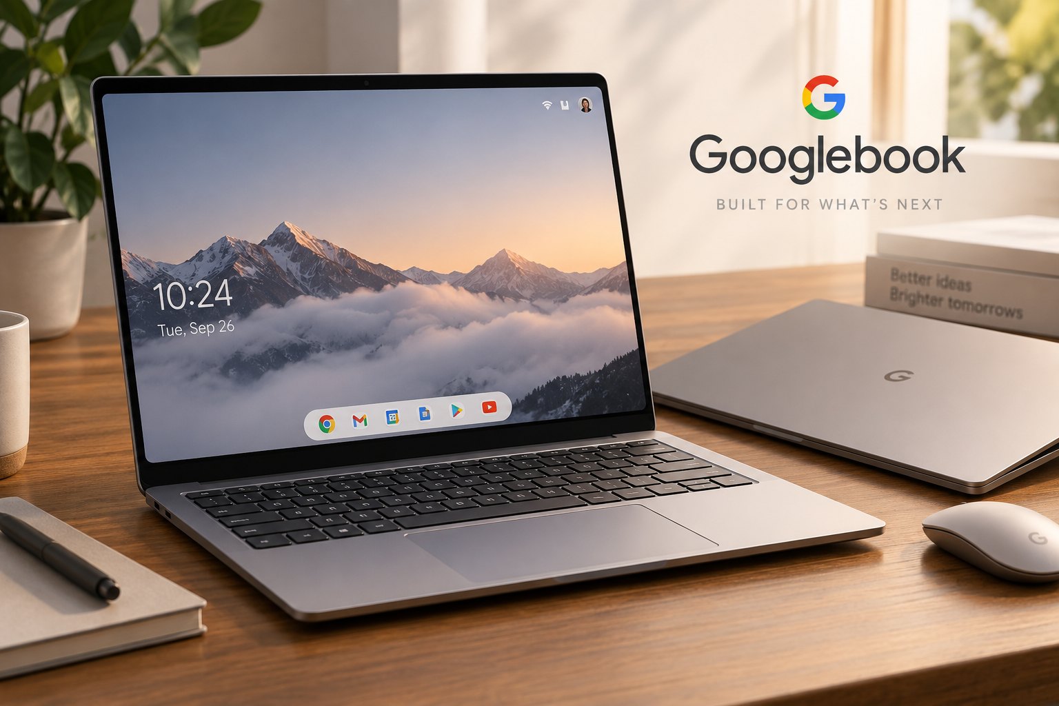 A rendering of a Googlebook laptop on a desk next to a closed second laptop and a mouse