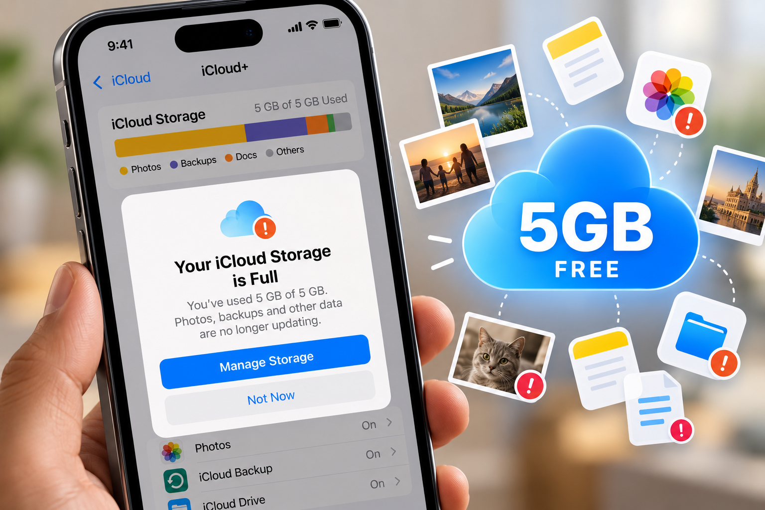 Illustration of an iPhone alert reading “Your iCloud Storage is Full”, with a Manage Storage prompt