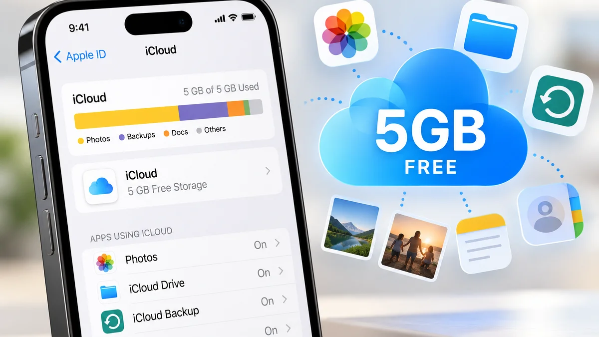 Illustration of an iPhone showing 5GB of 5GB iCloud storage used, surrounded by icons for photos, backups and documents